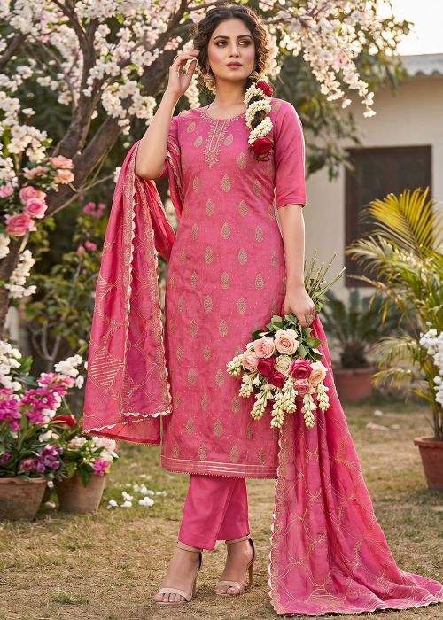 Rose Pink Cotton Suit With Organza Dupatta