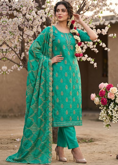 Sea Green Cotton Suit With Embroidered Dupatta