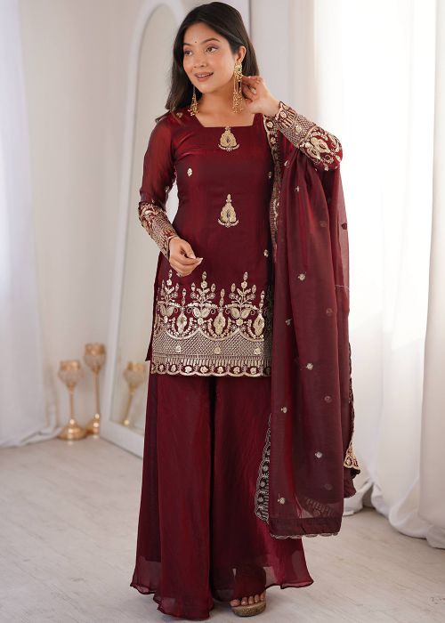 Maroon Palazzo Suit With Thread Work