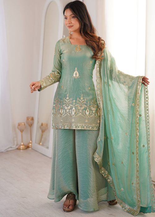 Turquoise Palazzo Suit With Sequins Work