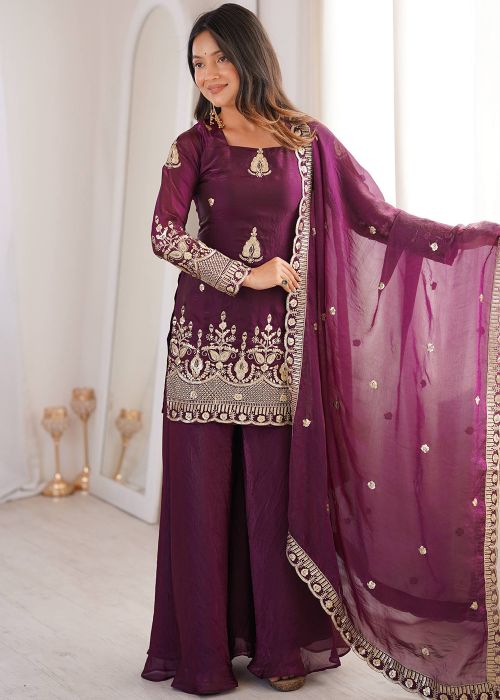 Purple Thread Embroidered Palazzo Suit