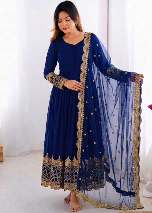 Blue Georgette Anarkali Suit With Sequins