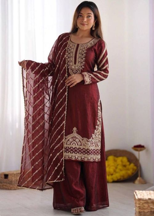 Maroon Embroidered Art Silk Palazzo Suit