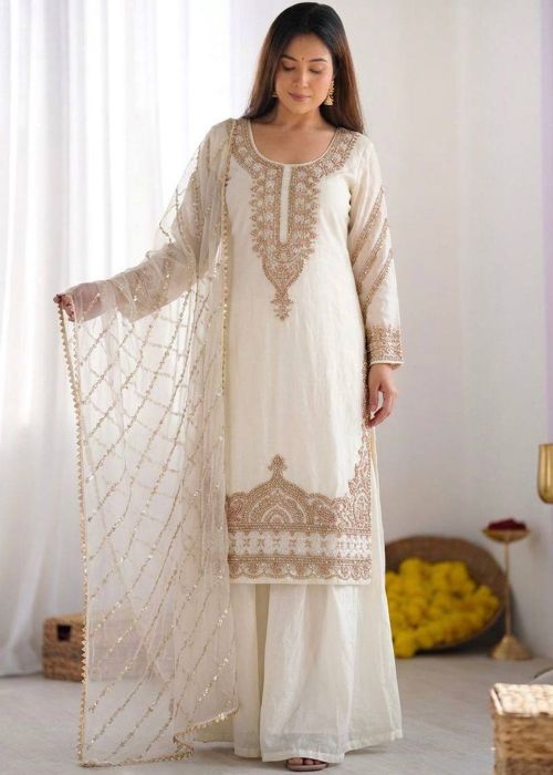 Cream Palazzo Suit With Zari Embroidery