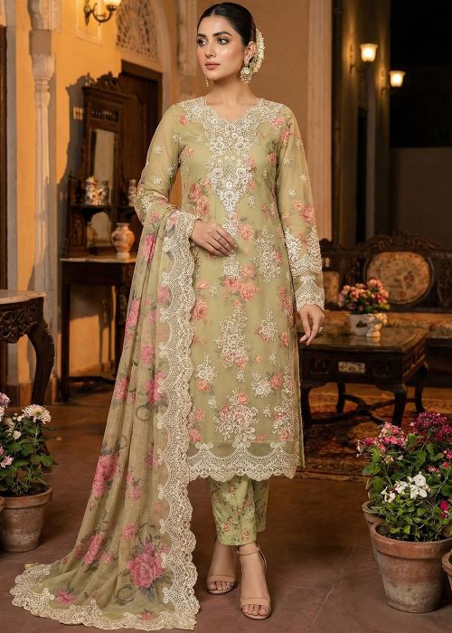 Pista Green Chiffon Suit With Floral Applique