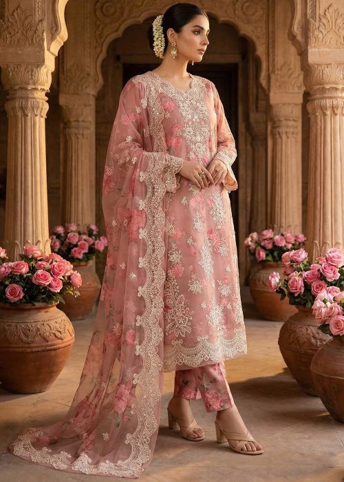 Salmon Pink Chiffon Suit With Applique Border