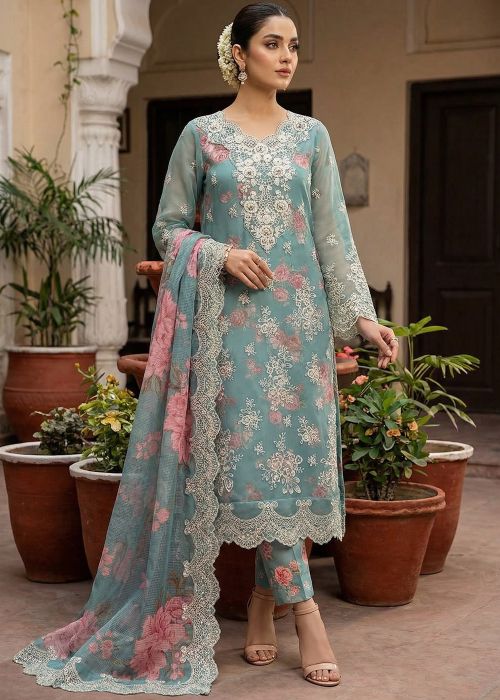 Aqua Blue Chiffon Suit With Floral Applique