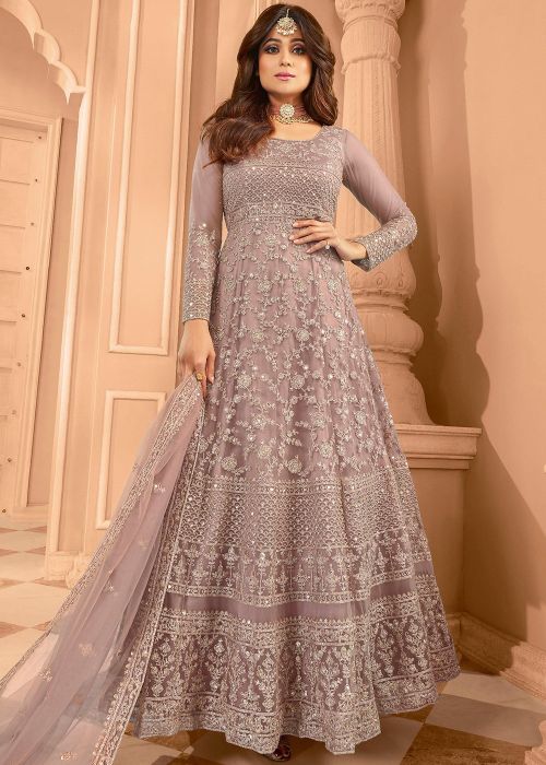Shamita Shetty Mauve Pink Anarkali Suit With Zari Embroidery