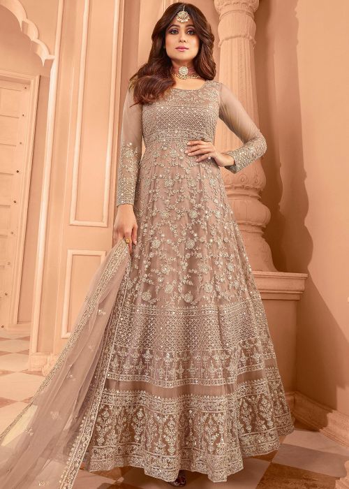 Shamita Shetty Beige Anarkali Suit With Dori Work