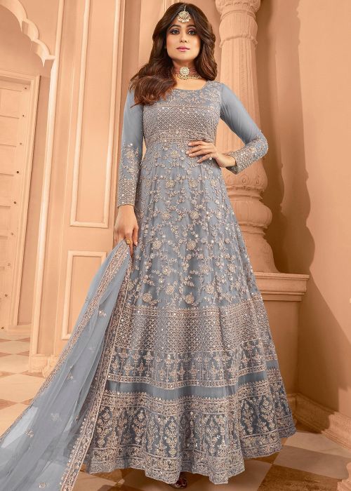grey anarkali dress Grey gold Evening Garden organza Anarkali