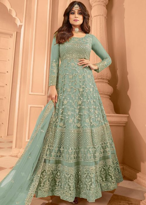 Shamita Shetty Green Net Anarkali Suit with Zari Work