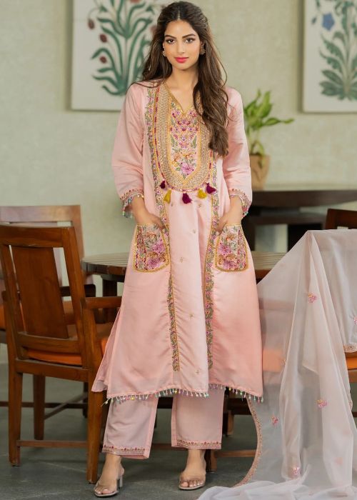 Pink Chanderi Suit With Floral Embroidery