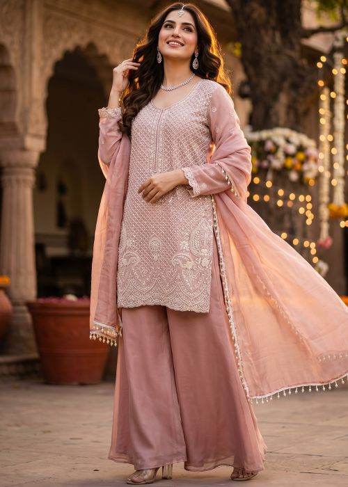 Pink Chiffon Palazzo Suit With Sequins Accent