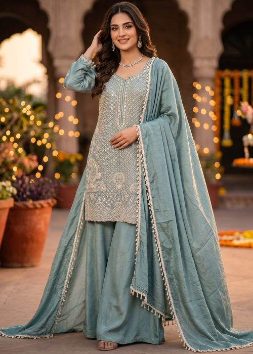 Powder Blue Chiffon Palazzo Suit With Beads Work