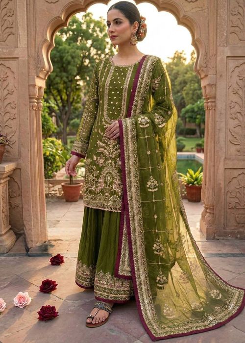 Green Georgette Sharara Suit With Thread Work