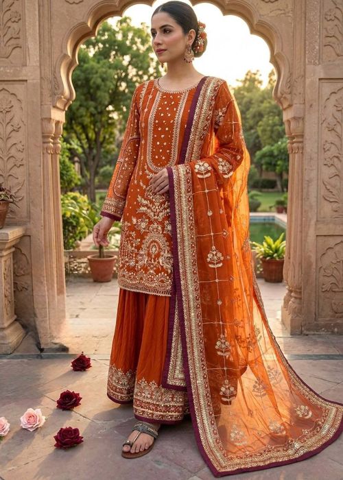 Orange Georgette Sharara Suit With Embroidery
