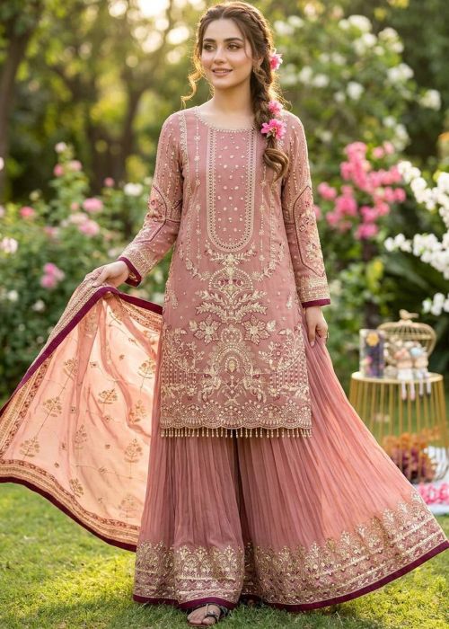 Dusty Pink Georgette Sharara Suit With Sequins