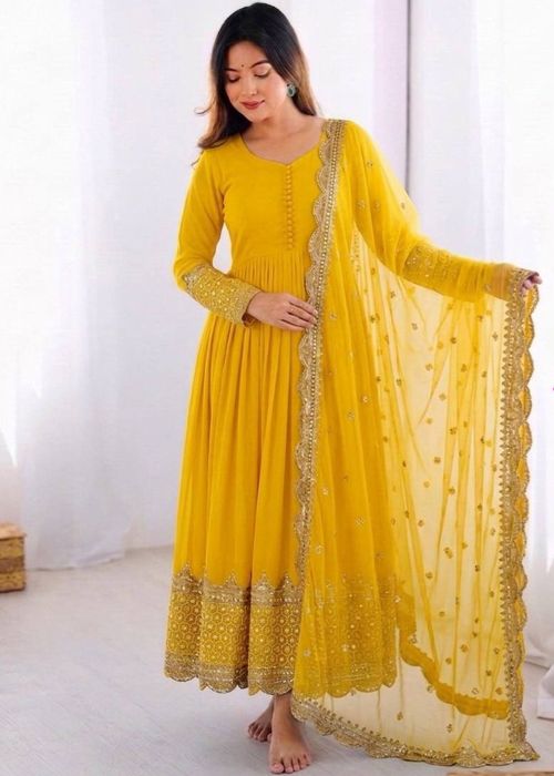 Yellow Georgette Anarkali Suit With Net Dupatta