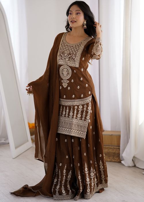 Brown Silk Sharara Suit With Dori Embroidery