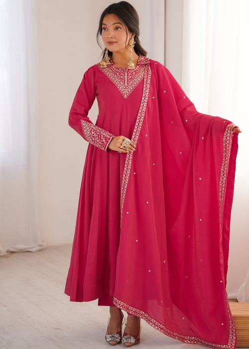Rani Pink Shimmer Anarkali Suit With Zari
