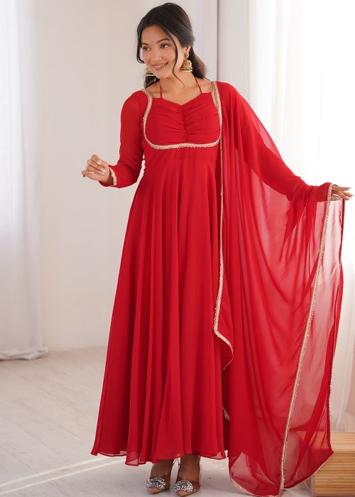 Red Georgette Anarkali Suit With Lace Work