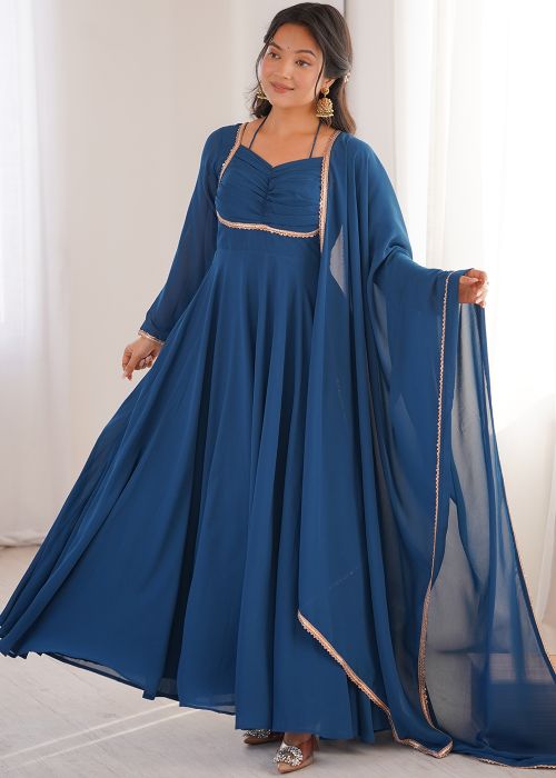 Teal Blue Georgette Anarkali Suit With Lace Work