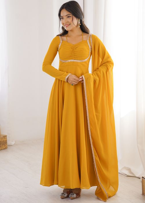 Yellow Georgette Anarkali Suit With Lace