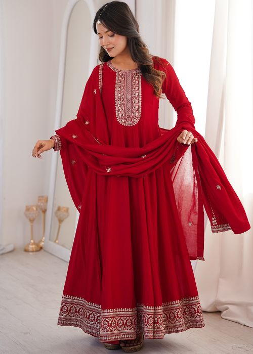 Dark Red Art Silk Anarkali Suit With Zari