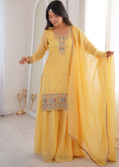 Yellow Silk Palazzo Suit With Zari Work