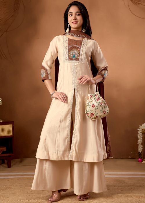 Cream Art Silk Palazzo Suit With Ethnic Embroidery