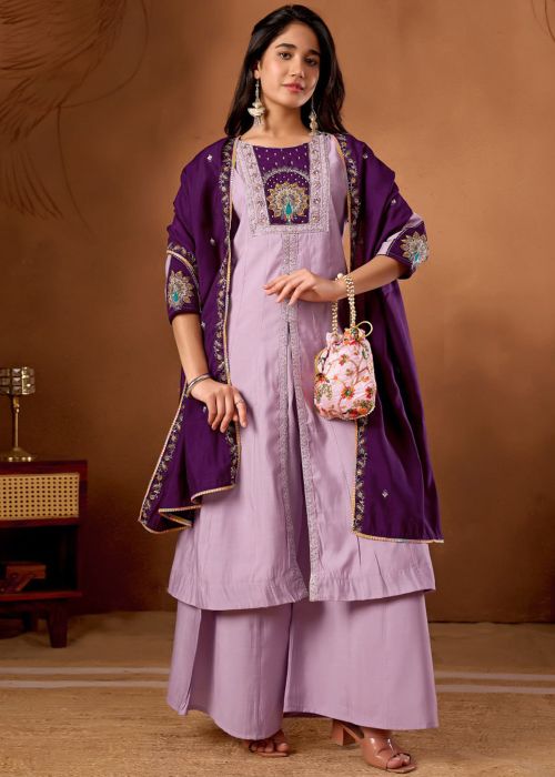 Lavender Palazzo Suit With Embroidered Panel