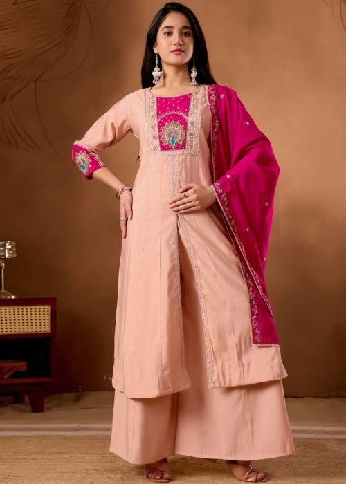 Peach Art Silk Palazzo Suit With Zari Embroidery
