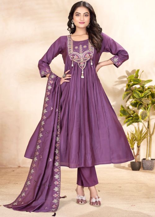 Purple Anarkali Suit With Embroidered Yoke