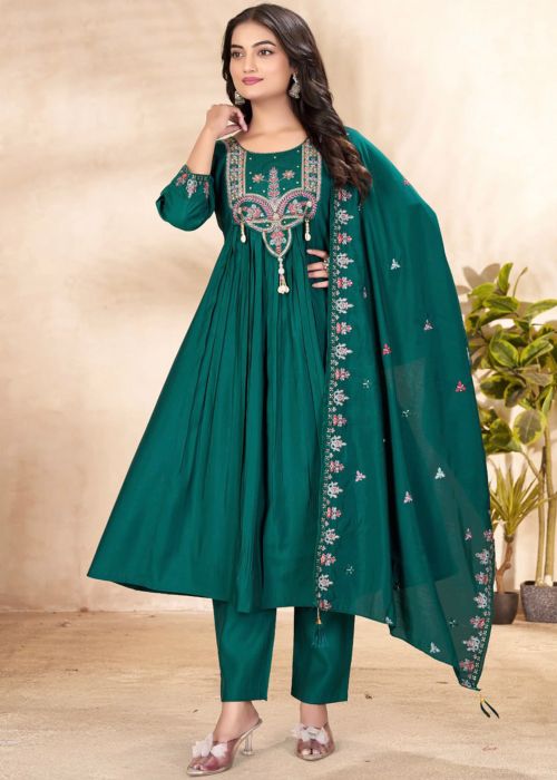 Teal Green Anarkali Suit With Thread Embroidery