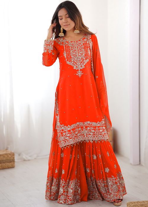 Orange Georgette Sharara Suit With Dori