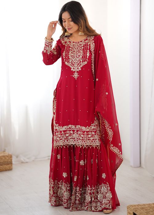 Red Georgette Sharara Suit With Sequins