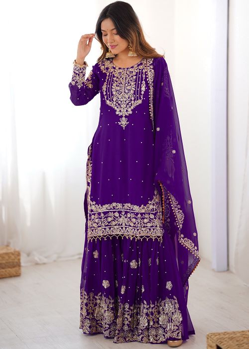 Purple Georgette Sharara Suit With Thread Embroidery