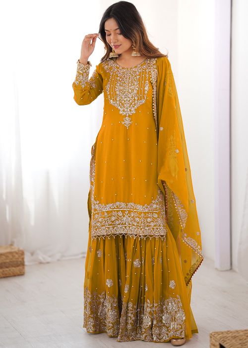 Yellow Georgette Sharara Suit With Dori Work