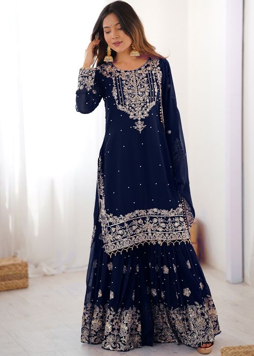 Navy Blue Sharara Suit With Dori Embroidery