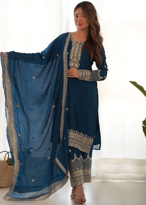 Teal Blue Chiffon Palazzo Suit With Zari Work