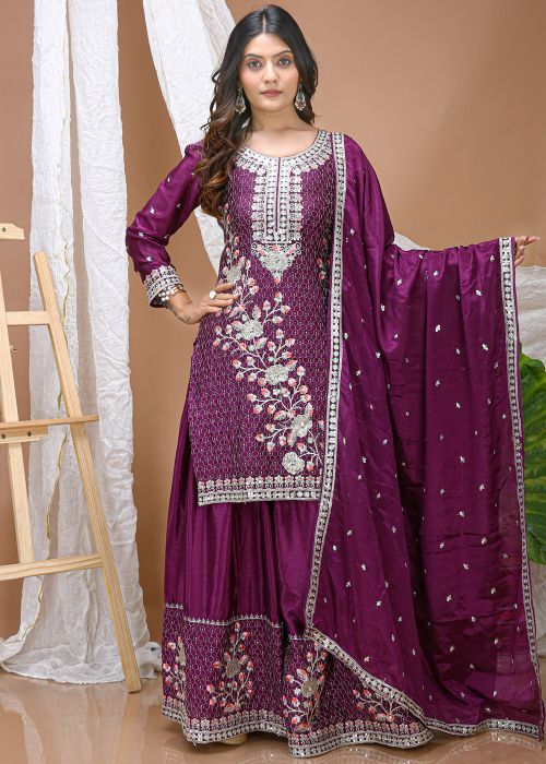 Purple Chiffon Palazzo Suit With Thread Work