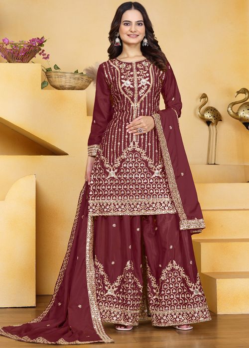 Maroon Crape Embroidered Palazzo Suit