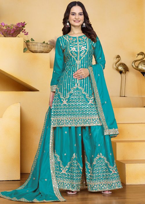 Turquoise Sequins Embroidered Palazzo Suit