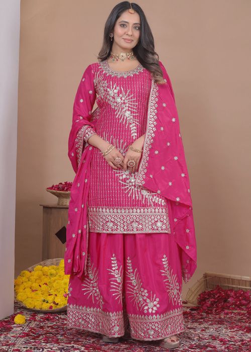 Pink Embroidered Palazzo Suit In Crape