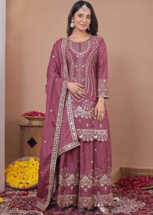 Mauve Pink Thread Embroidered Palazzo Suit