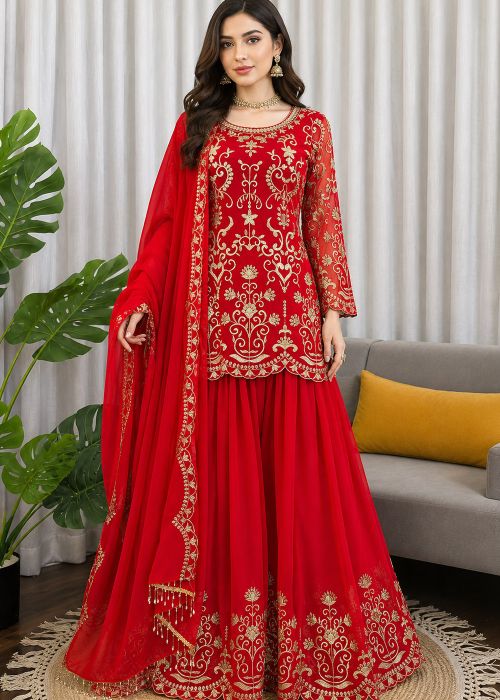 Red Georgette Sharara Suit With Thread Embroidery