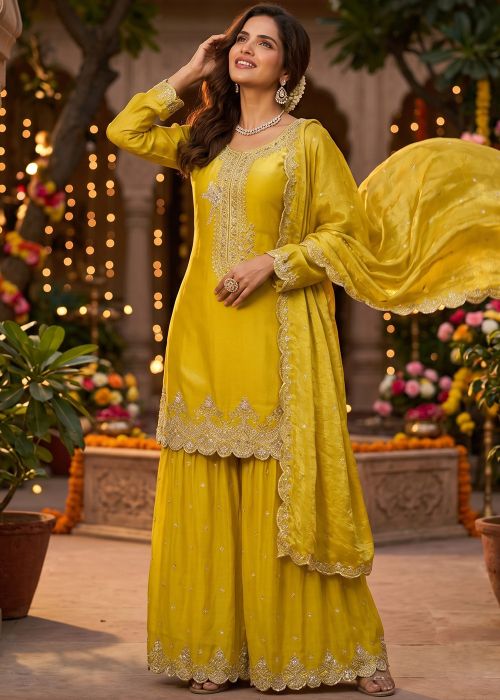 Yellow Art Silk Palazzo Suit With Zari Work