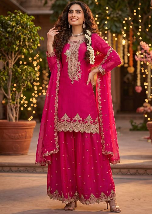 Pink Art Silk Palazzo Suit With Sequins