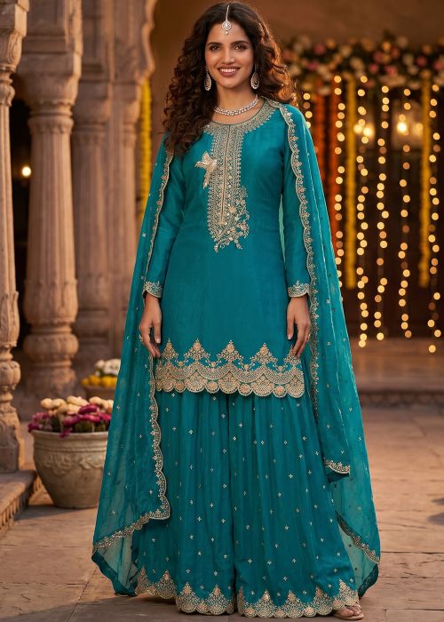 Teal Blue Art Silk Palazzo Suit With Zari