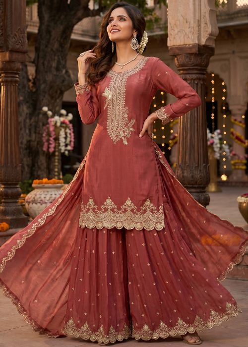 Rust Orange Art Silk Palazzo Suit With Zari Border